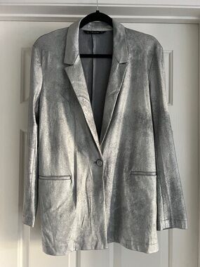 Zara Metallic Silver Single-Button Blazer - Size L